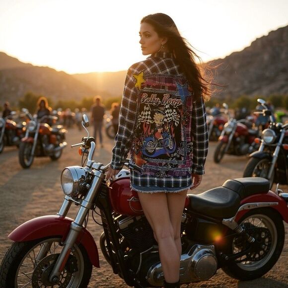 Upcycled Flannel Shirt Shacket Womens 1X Boop Motorcycle Grunge Patchwork Art - Picture 4 of 16